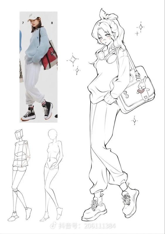 Fashion sketch of a casually dressed girl with a backpack and headphones, alongside a real-life model in similar attire.