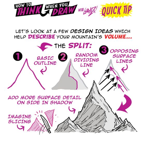 Quick tips on how to add volume and detail to mountain drawings using basic outlines, dividing lines, and surface lines.