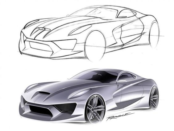 Concept design and rendering of a sleek, modern sports car, showcasing top and side views in pencil and digital format.