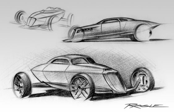 Sketch of futuristic hot rod cars with sleek designs and large wheels, showcasing various creative automotive concepts.