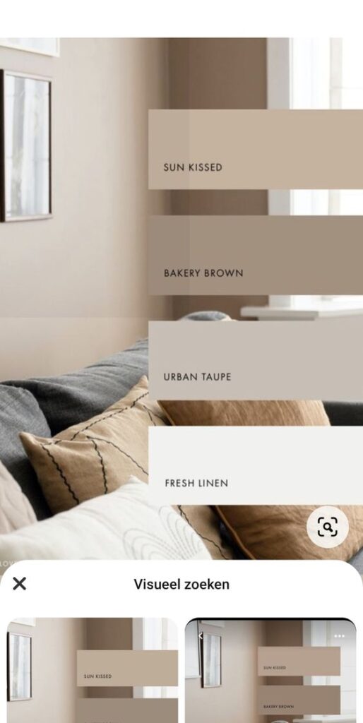 Warm neutral paint colors swatches, including “Sun Kissed,” “Bakery Brown,” “Urban Taupe,” and “Fresh Linen,” on cozy decor.