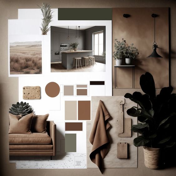 Interior design mood board showcasing muted tones, textures, and elements for a cozy and modern living space.