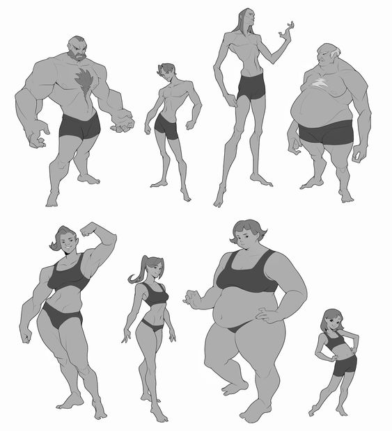 Illustration of male and female bodies with various shapes and sizes, highlighting diversity in human physiques.