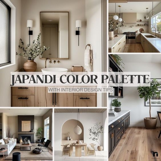 Japandi color palette interior design tips showcasing minimalist, earthy, and warm toned rooms with modern furnishings.