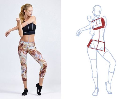 Woman in athletic wear posing next to a step-by-step sketch illustration of the same pose.