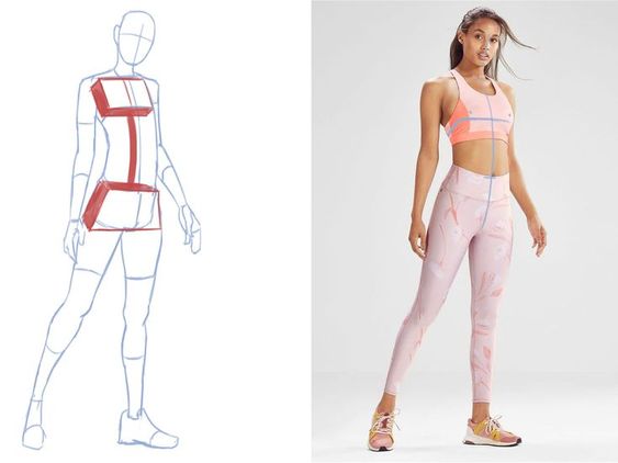 Sketch of a human figure next to a woman in pink athletic wear, highlighting design and fit of activewear.