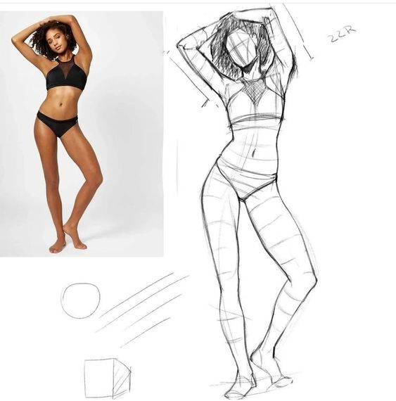 Model in black bikini posing with arms up beside a sketch of the same pose; drawing tutorial progress.