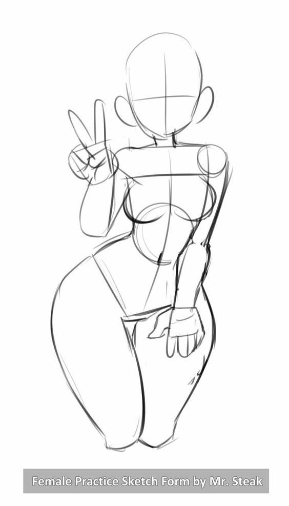 Sketch of a female practice form posing with a peace sign hand gesture, used for drawing practice and anatomy reference.