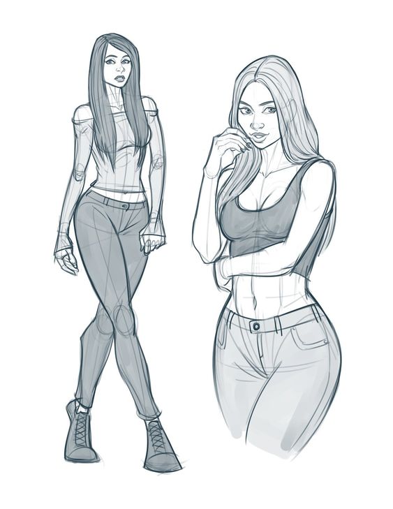 Two fashion sketch illustrations of women in casual attire, featuring slim-fit pants and tops, highlighting their confident poses.