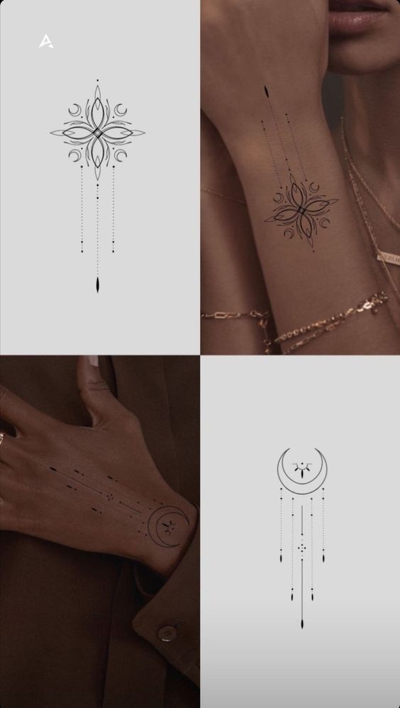 Minimalist arm tattoos featuring celestial and geometric designs, including a moon with dots and line patterns. Elegant body art.