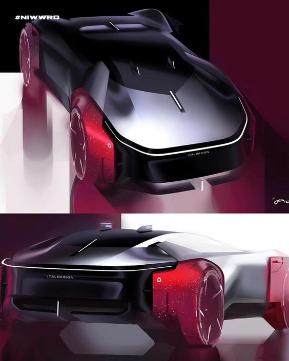 Futuristic Italdesign sports car concept art, showcasing sleek aerodynamic design and vibrant red accents.