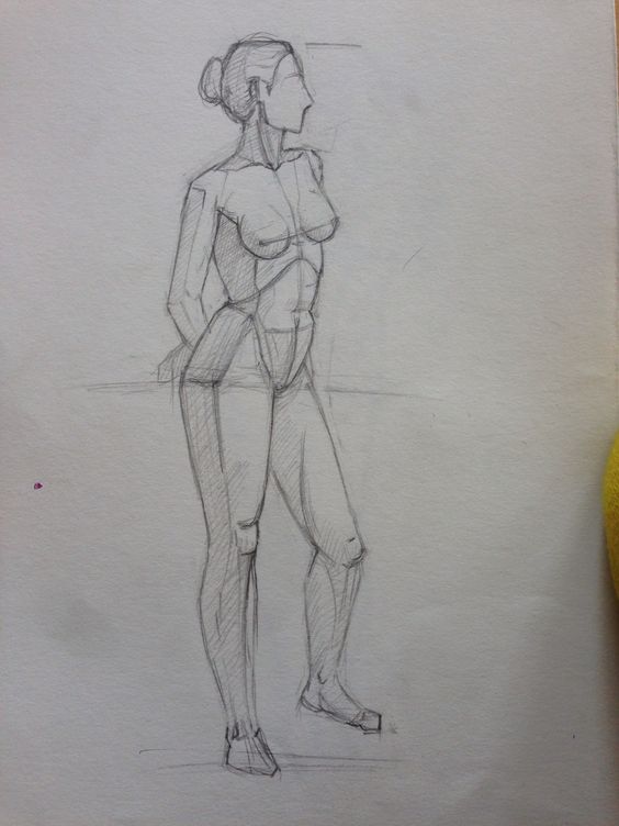 Sketch of a standing human figure, showcasing basic proportions and anatomy in a geometric style, front view.