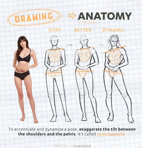 Drawing anatomy poses: stiff, better, dynamic. Improve your art with contrapposto, tilting shoulders, and pelvis for dynamic poses.