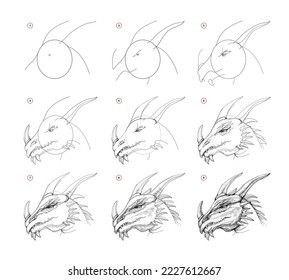 Step-by-step dragon sketch tutorial, showing the progression from basic shapes to a detailed dragon head drawing.