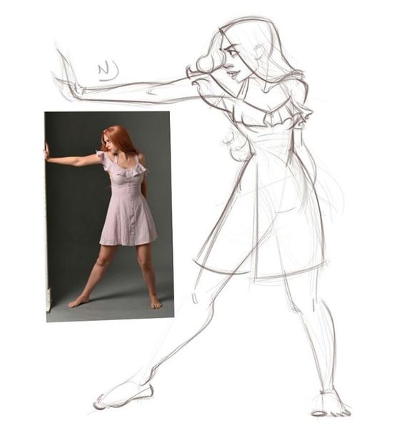 Woman in a light dress posing with an extended arm, next to a matching sketch drawing capturing the same stance.