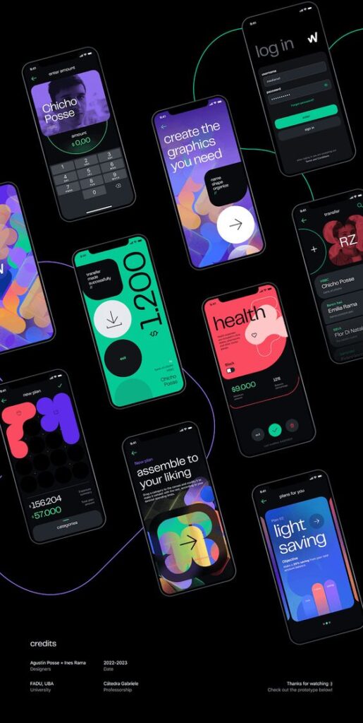 Colorful mobile app interface designs showcasing various features and concepts on black background