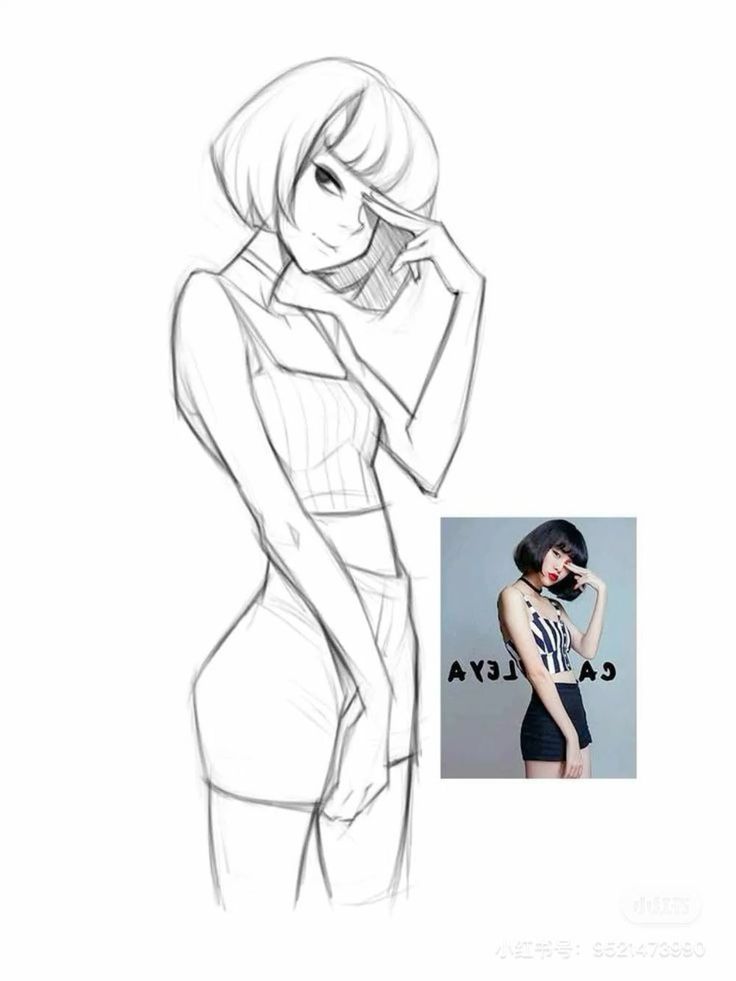 Sketch of a stylish woman with short hair and hand on face, next to a reference photo of a woman in a similar pose.