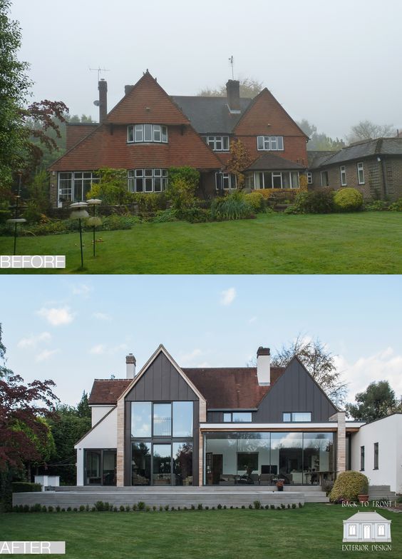 Before and after images of a house renovation showcasing its transformation into a modern architectural design.