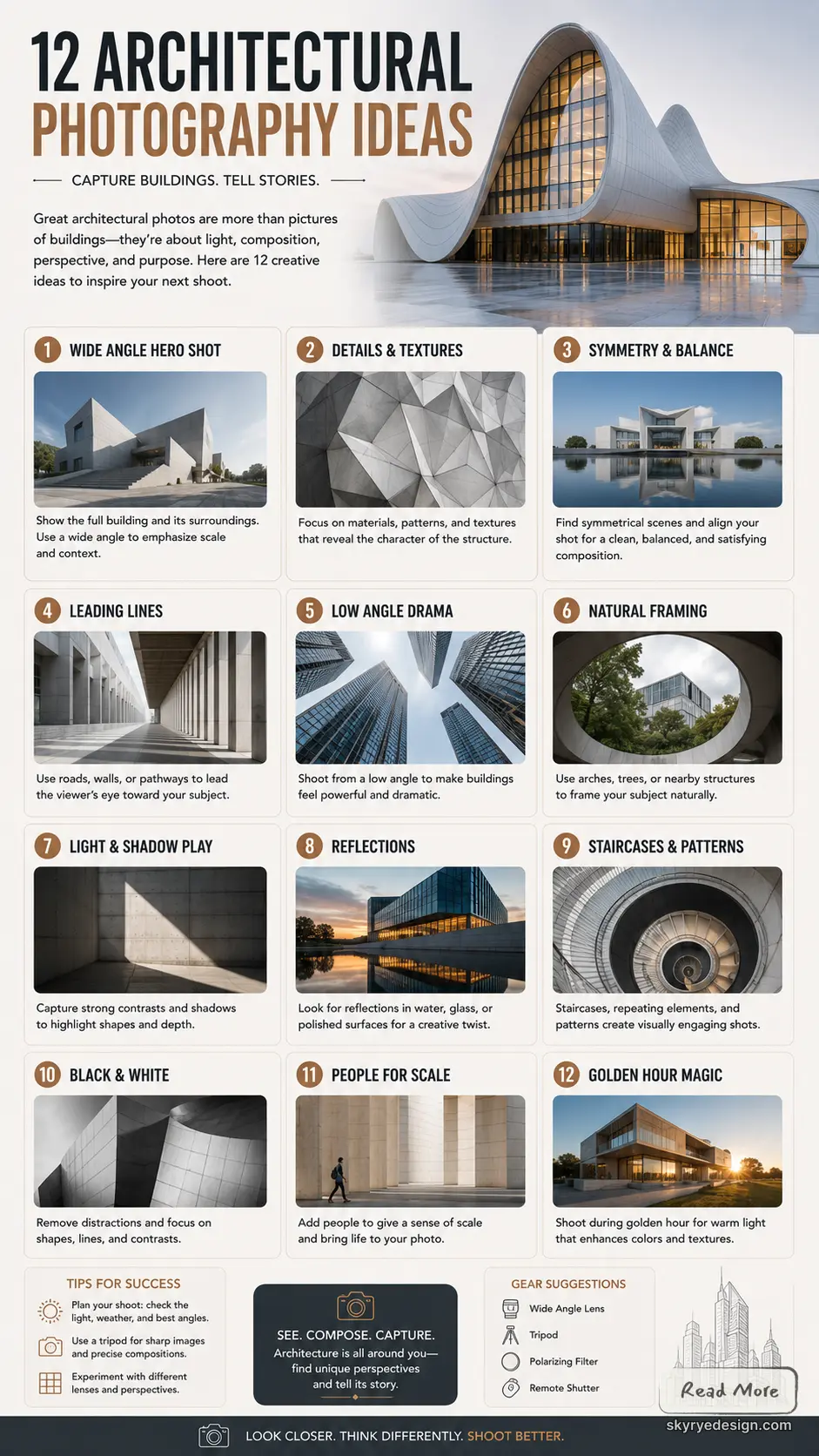 fe41d4dc-f444-4c64-9af5-97f226e4f3b0 Infographic: 12 architectural photography ideas and tips for building shots — wide angle, symmetry, reflections, golden hour. | Sky Rye Design Infographic: 12 architectural photography ideas and tips for building shots — wide angle, symmetry, reflections, golden hour.