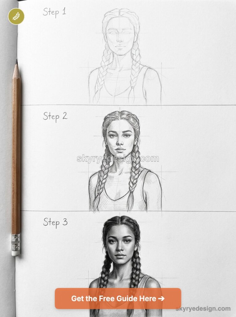 Step-by-step pencil portrait tutorial: three stages of drawing a young woman with braided hair in a sketchbook.