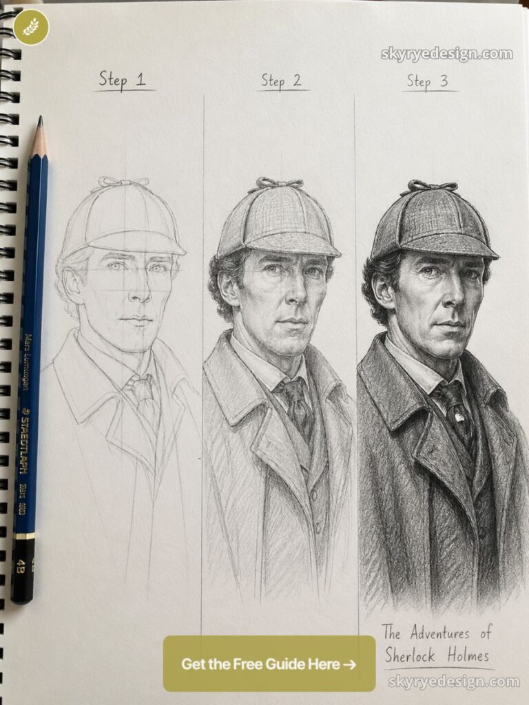 Step-by-step pencil portrait tutorial showing progression of a Sherlock Holmes illustration in deerstalker hat and coat