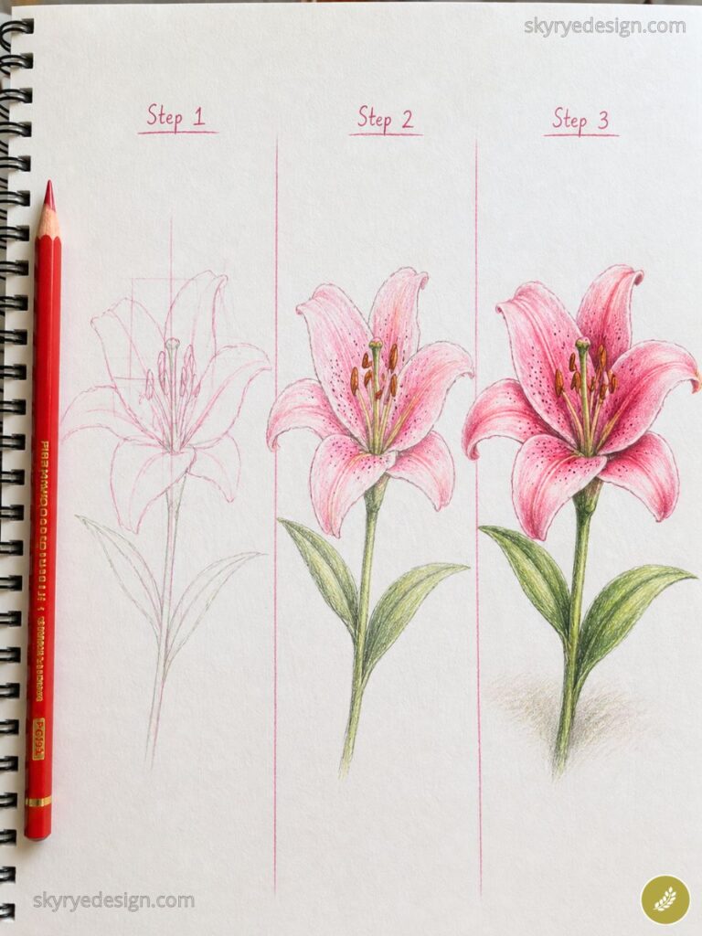 Three-step colored pencil tutorial showing pink lily drawing progression in a sketchbook with a red pencil