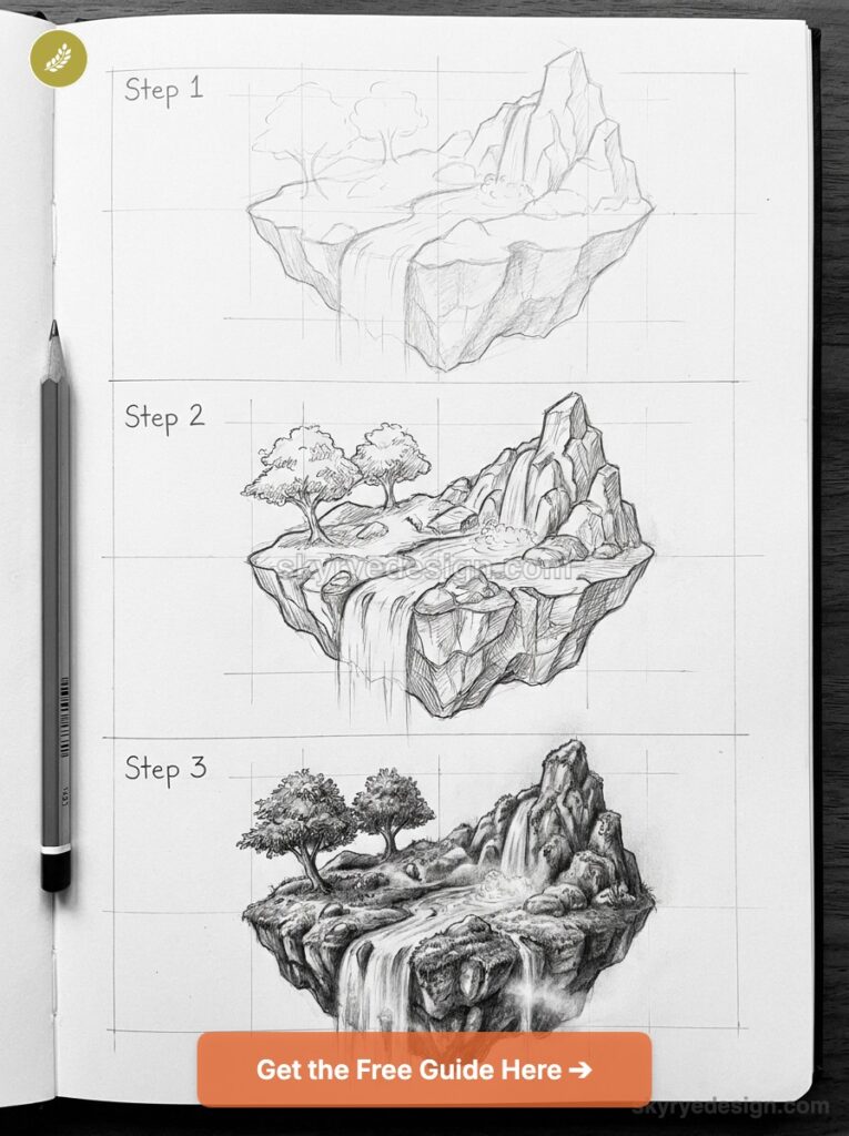Pencil drawing tutorial: three-step floating island sketch with waterfall and trees