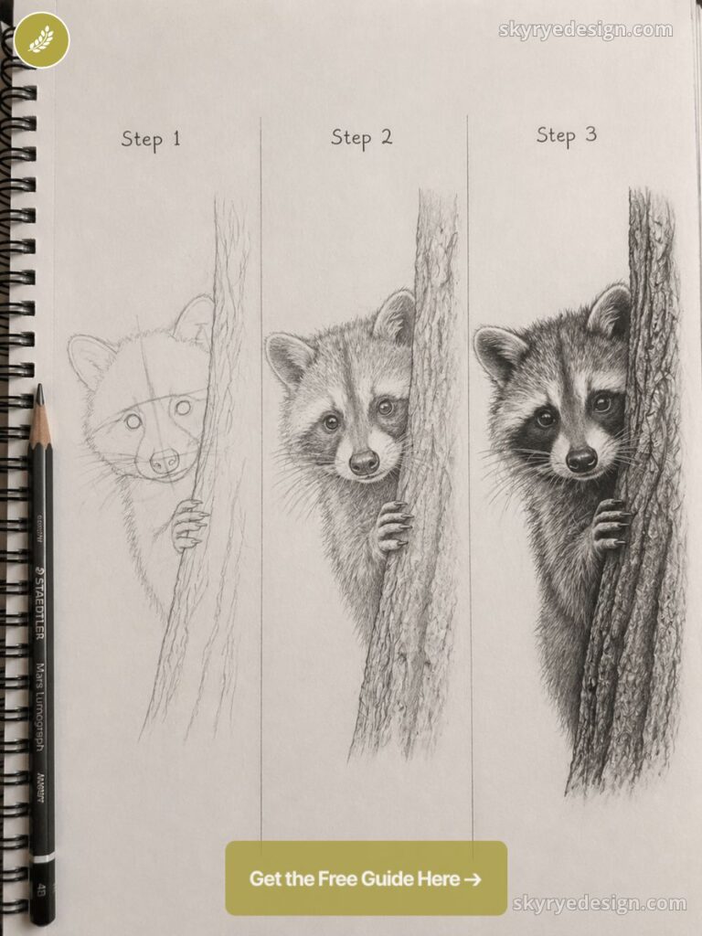 Step-by-step pencil drawing tutorial of a raccoon peeking from behind a tree, sketch to detailed realism