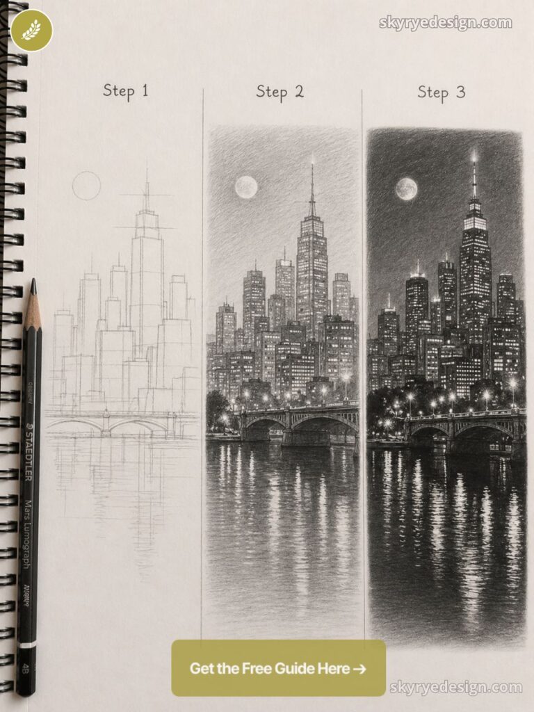 Step-by-step pencil tutorial: nighttime city skyline sketch with bridge, moon and river reflections in a sketchbook.