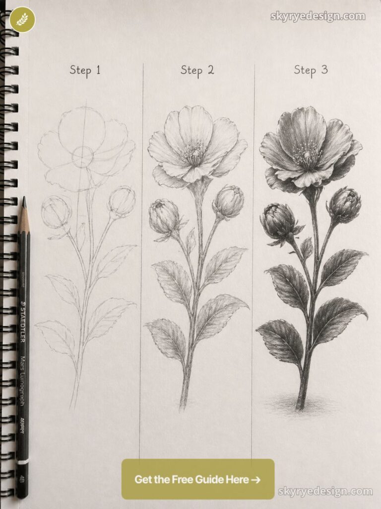 Three-step pencil sketch tutorial of a flowering stem showing basic outline, detailed lines, and shaded final drawing.