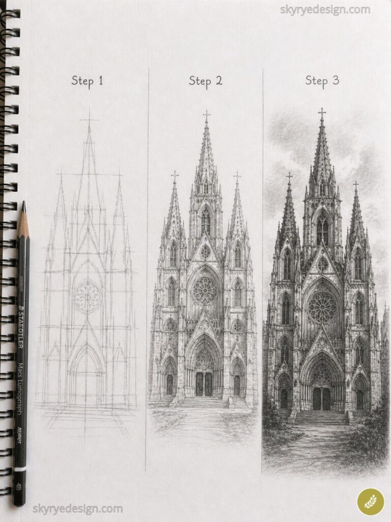 Gothic cathedral pencil drawing tutorial: three-step progression on spiral sketchbook with pencils and detailed shading
