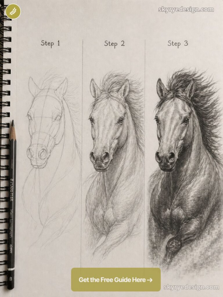 Horse pencil drawing tutorial — stepwise horse head sketch in three stages on sketchbook with 'Get the Free Guide' button
