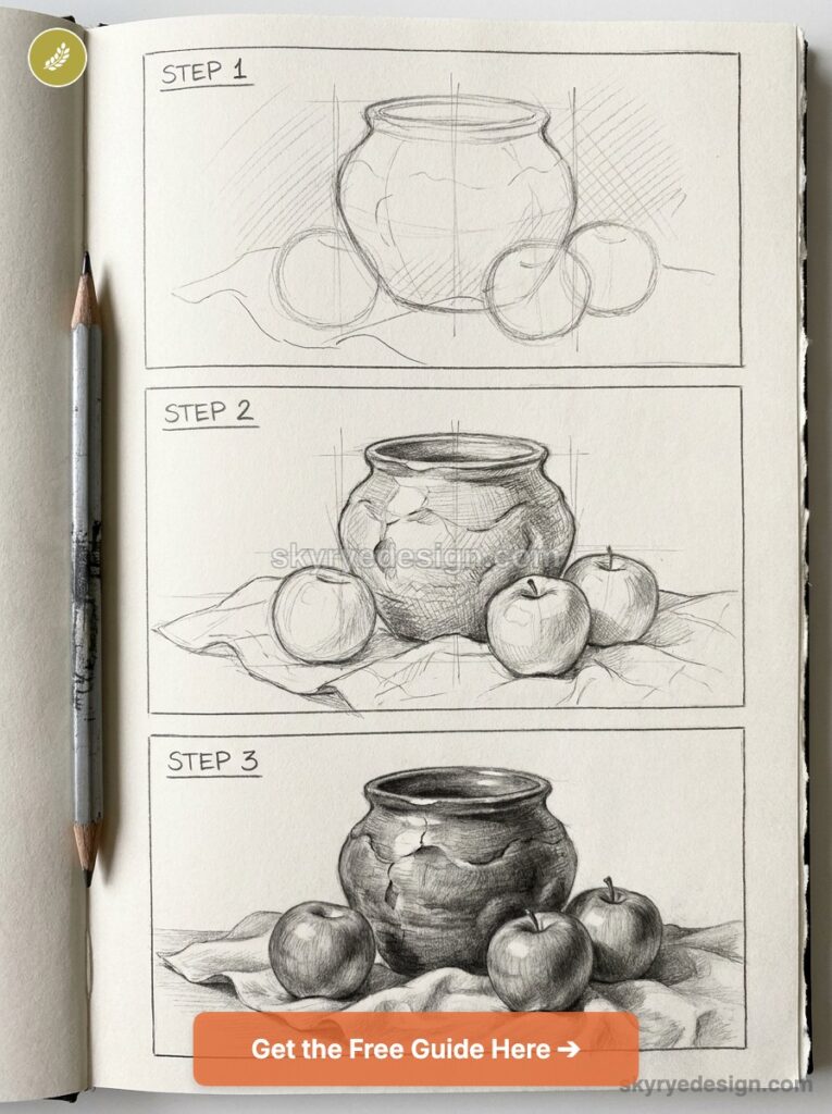 Pencil sketch tutorial: three-step still life progression of a pot and apples on draped cloth