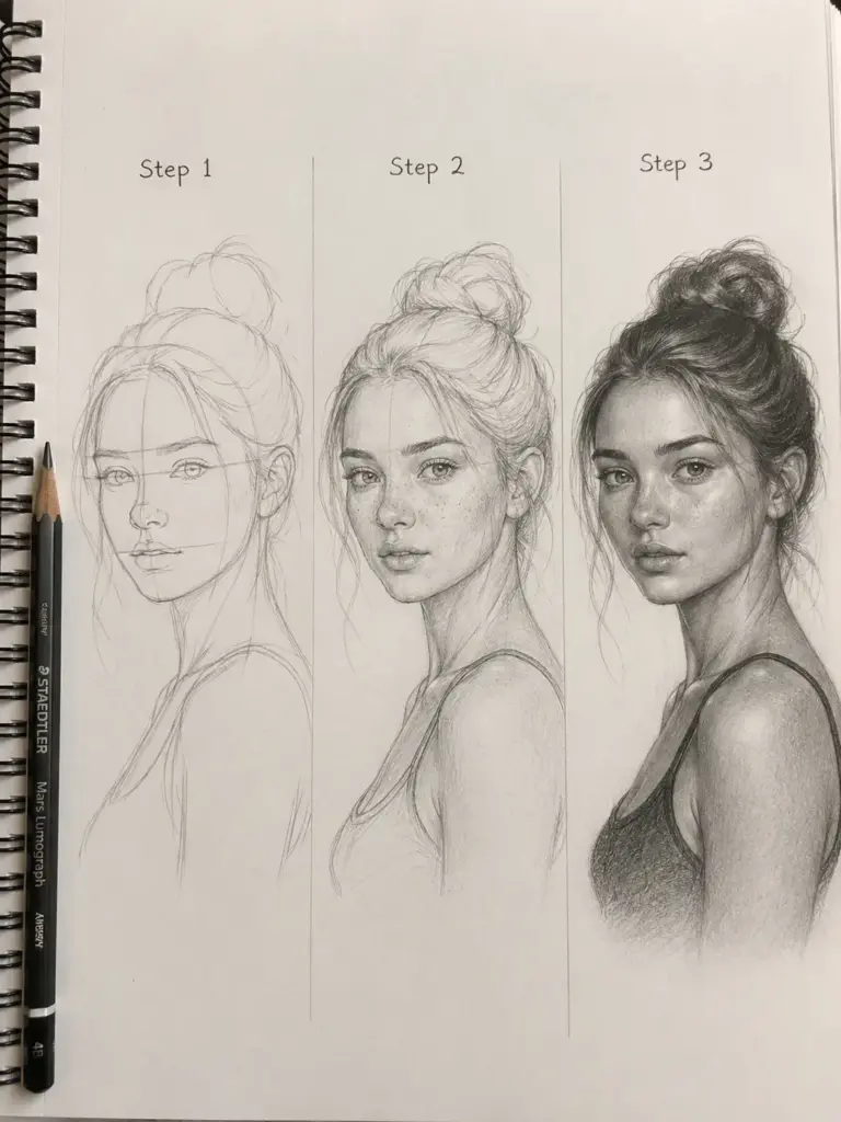 Three-step pencil portrait tutorial: initial sketch, refined shading, final realistic female portrait with bun.