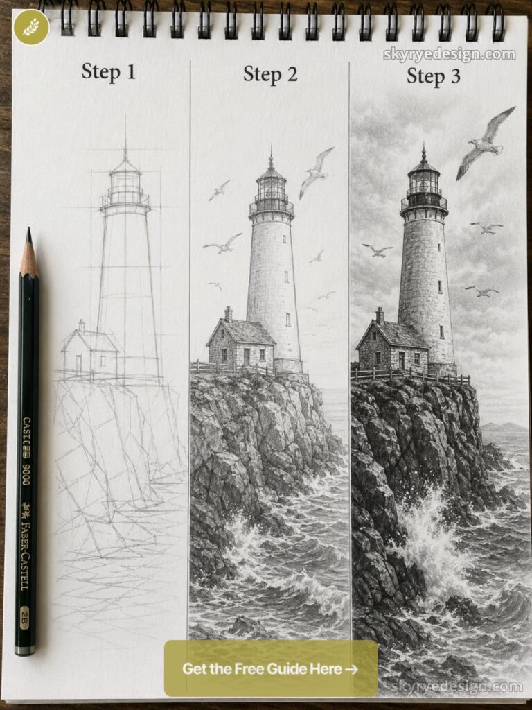 Pencil lighthouse drawing tutorial in sketchbook, three-step progression with rocky cliffs, crashing waves and seagulls