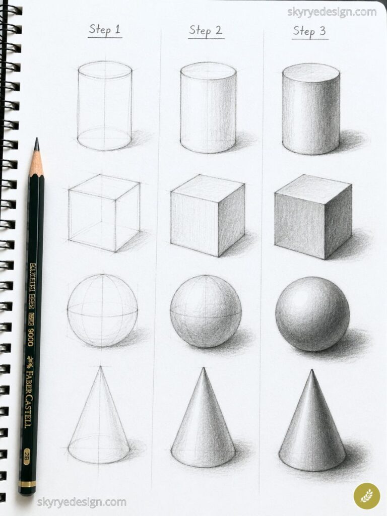 Notebook page with three columns labeled Step 1–Step 3 showing pencil sketches of a cylinder, cube, sphere, and cone in progressive shading (form shading guide).