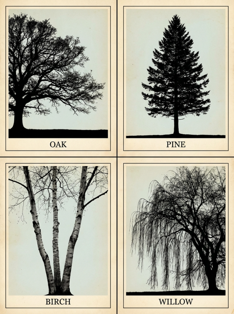 Vintage botanical wall art poster with black silhouettes of Oak, Pine, Birch and Willow trees on aged cream panels