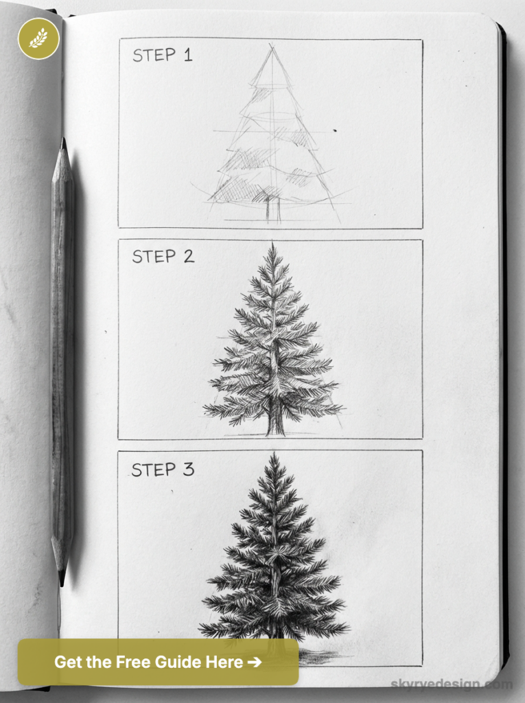 Step-by-step pencil sketch of a fir tree in a sketchbook, from rough outline to detailed shading, pencil beside pages.
