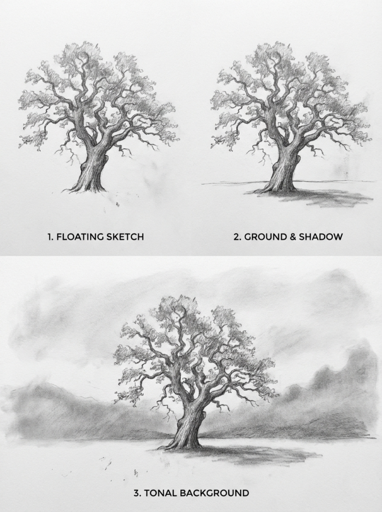 Pencil tree drawing tutorial — three-stage, step-by-step: floating sketch; ground & shadow; tonal background