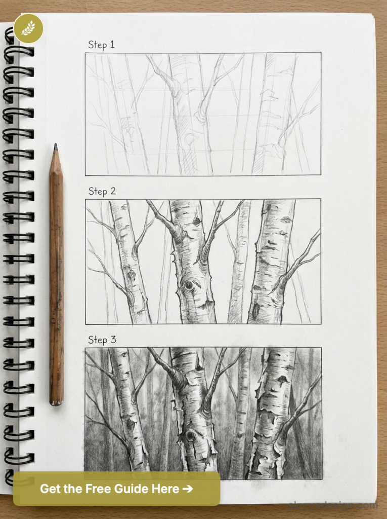Birch tree pencil drawing tutorial: step-by-step sketches in a spiral sketchbook with wooden pencil and guide CTA