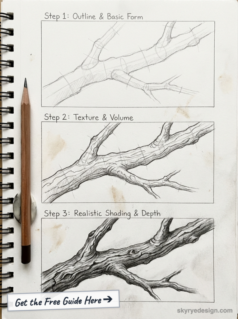 Step-by-step pencil sketch tutorial: tree branch drawing in sketchbook showing outline, texture and realistic shading.