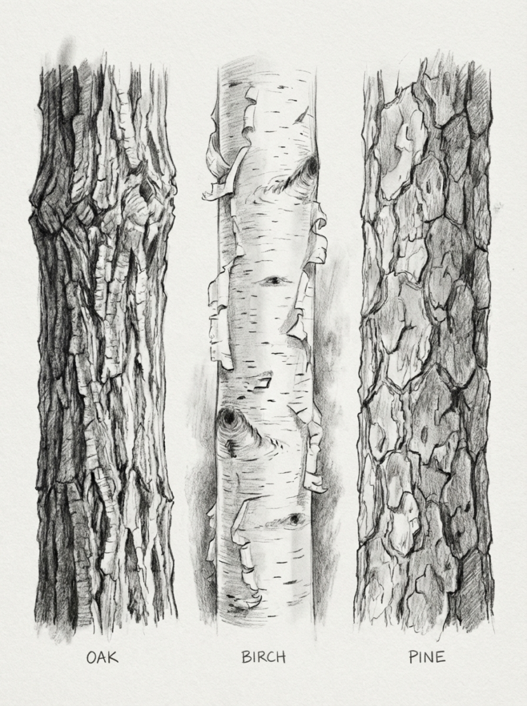 Pencil drawing of oak, birch, and pine bark textures in three labeled vertical sketches