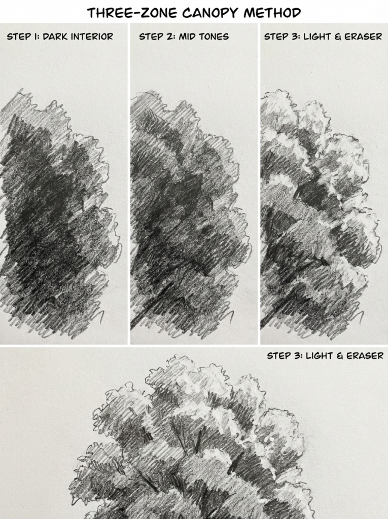 Three-zone canopy pencil tutorial showing three steps of shading tree foliage: dark interior, midtones, light highlights.