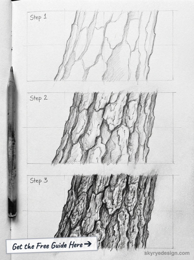 How to draw tree bark: three-step pencil tutorial showing outlines, shading, and final detailed textured bark.
