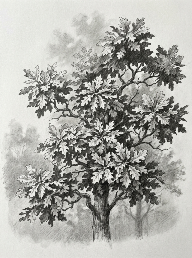 Black-and-white pencil sketch of an oak tree with detailed lobed leaves and textured trunk, botanical illustration.