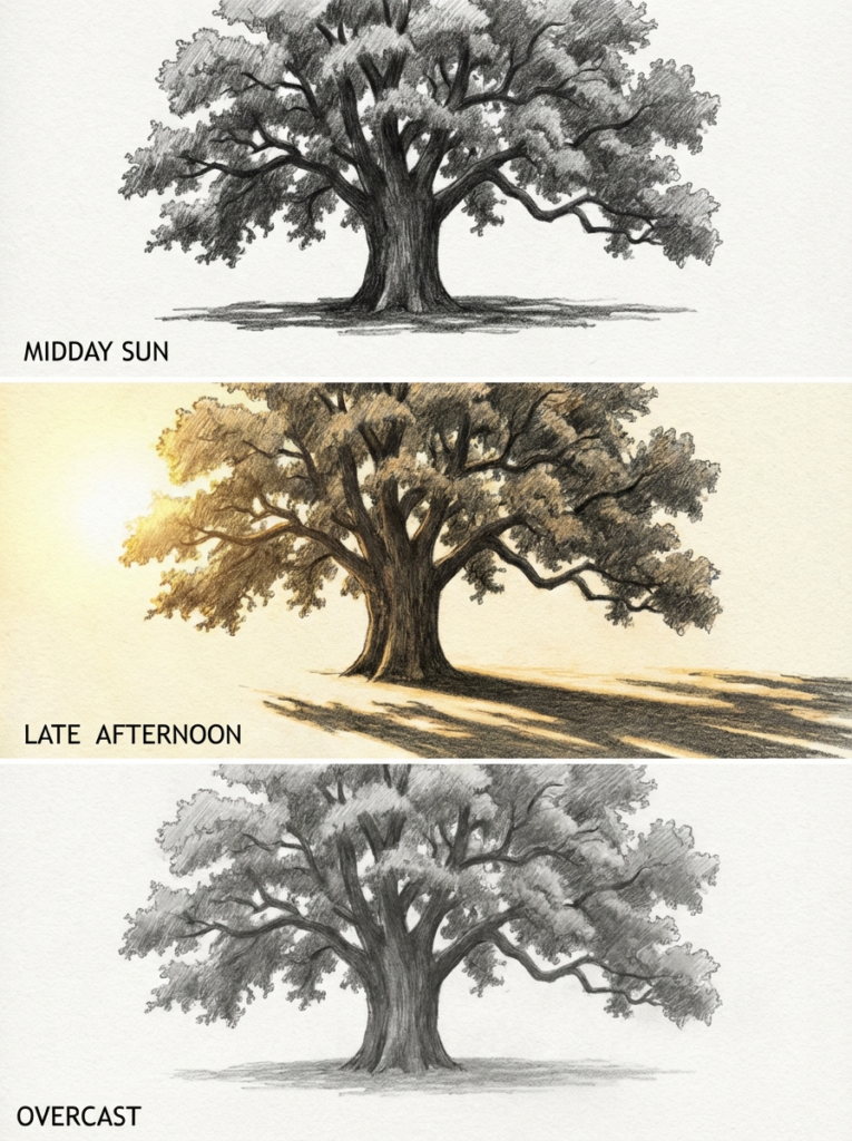 Lighting study of an oak tree: three sketches showing midday sun, warm late-afternoon light with shadows, and overcast