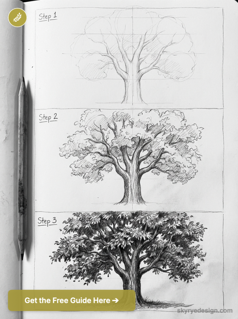 Three-step pencil drawing tutorial of a tree in a sketchbook, showing initial grid, detailed sketch, and final shaded tree.