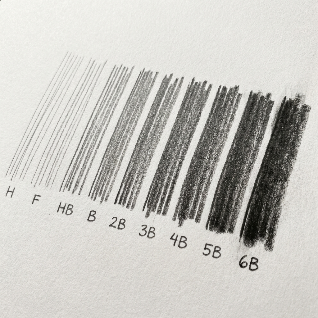 Graphite pencil grade scale H to 6B showing tonal range, textures, and shading swatches on paper