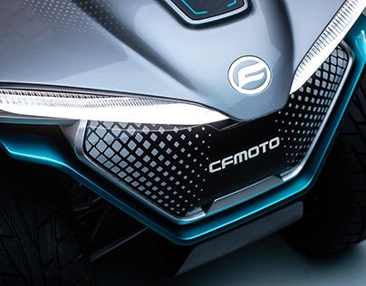 Close-up of CFMOTO vehicle's futuristic front grille design and logo, highlighting modern automotive engineering.