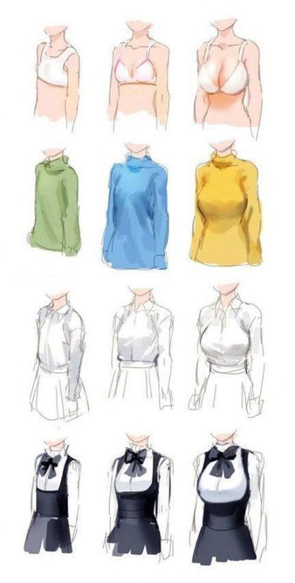 An illustration showing how breast size affects the fit of various types of clothing, including shirts and dresses.